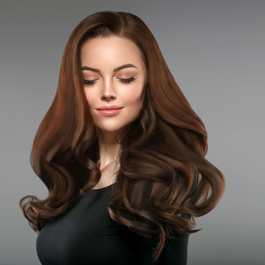 Woman with long, beautiful hair smiling softly.